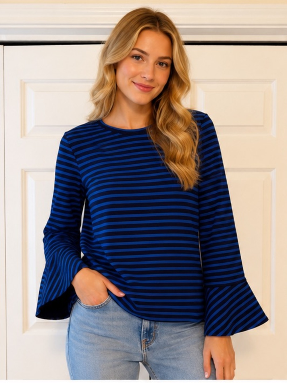 Draper James Corey Bell Sleeve Navy & Royal Blue Striped Size Small